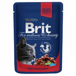 Консервированный корм для кошек Brit Premium Cat (пауч) Кусочки в соусе с ГОВЯДИНОЙ и ГОРОШКОМ